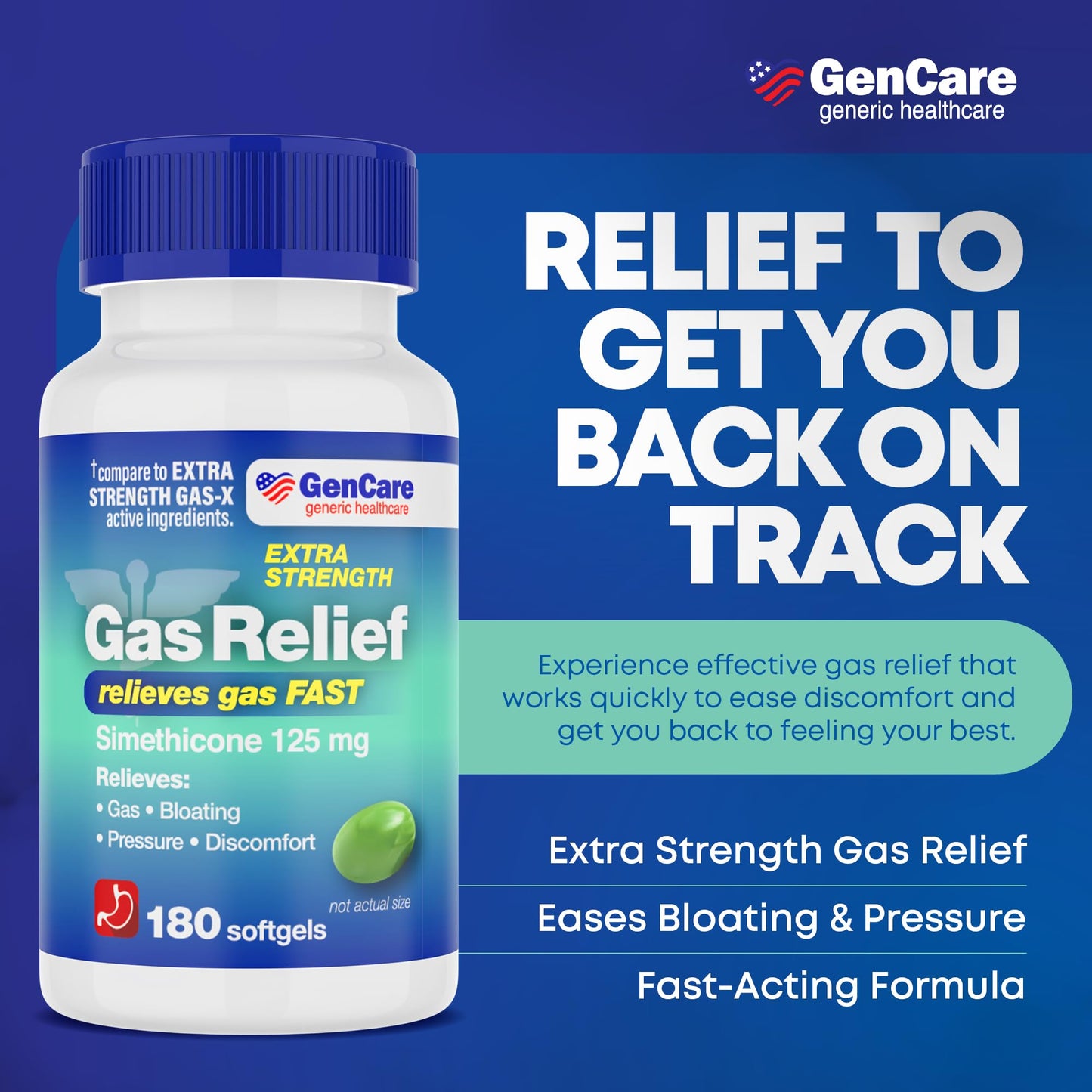GenCare Extra Strength Gas Relief 125mg – 180 Softgels | Fast Bloating Relief (Compare to Gas X)