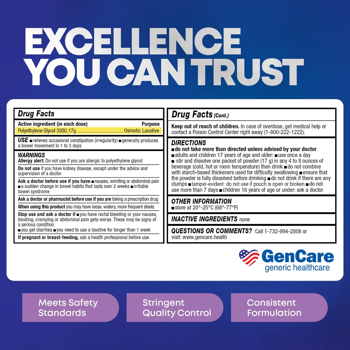 GenCare Polyethylene Glycol 3350 Powder – 30 Travel Packets for Gentle Occasional Constipation Relief