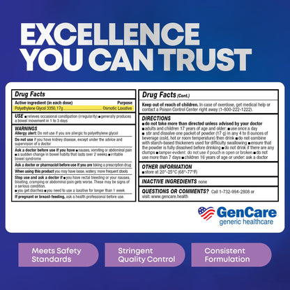 GenCare Polylethylene Glycol 3350 Powder for Solution – 100 Travel Packets | Unflavored PEG 3350 Laxative