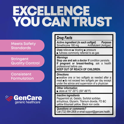 GenCare Ultra Strength Simethicone Gas Relief 180 mg (180 Softgels) | Fast Gas Relief and Bloating Support
