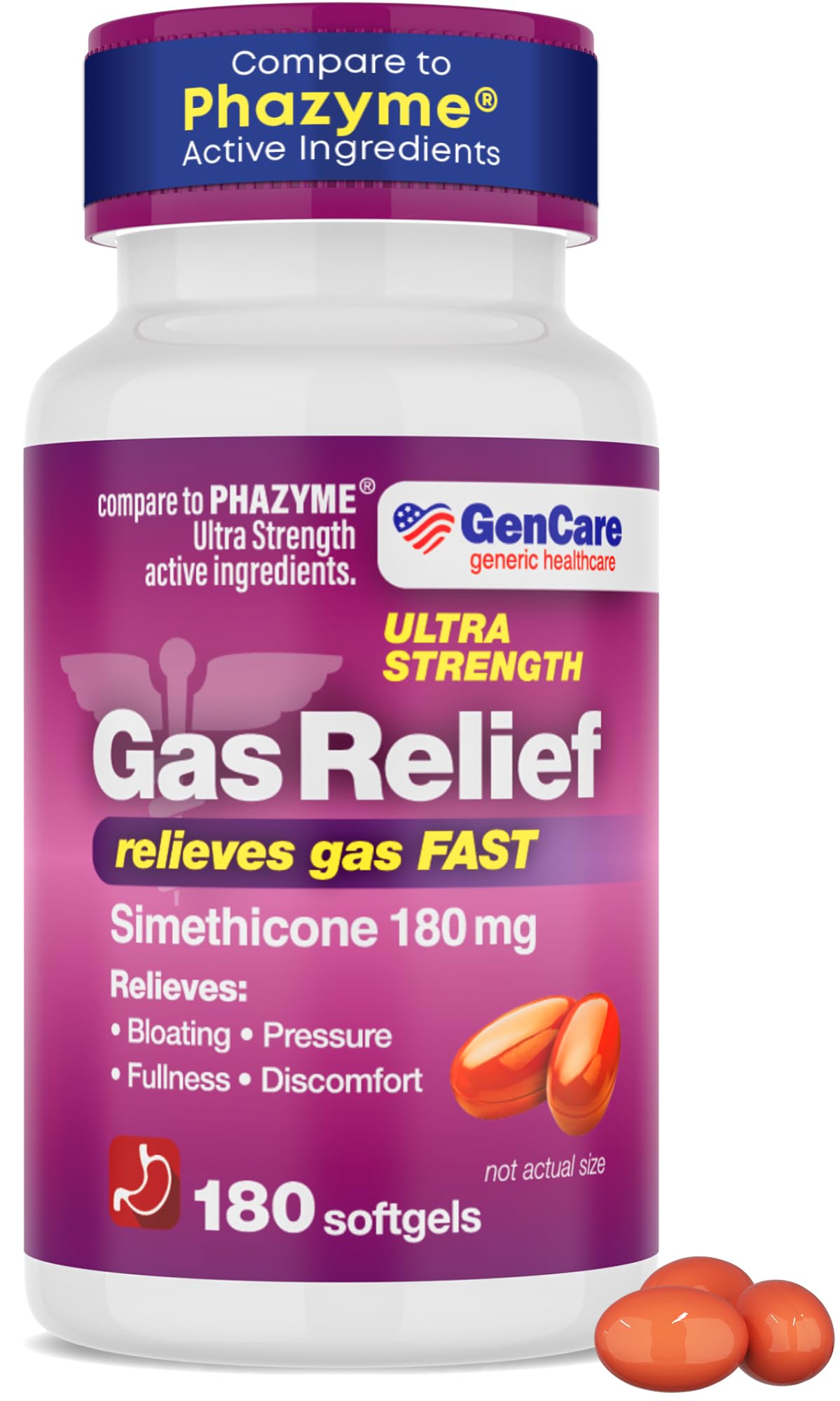 GenCare Ultra Strength Simethicone Gas Relief 180 mg (180 Softgels) | Fast Gas Relief and Bloating Support