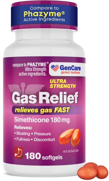 GenCare Ultra Strength Simethicone Gas Relief 180 mg (180 Softgels) | Fast Gas Relief and Bloating Support