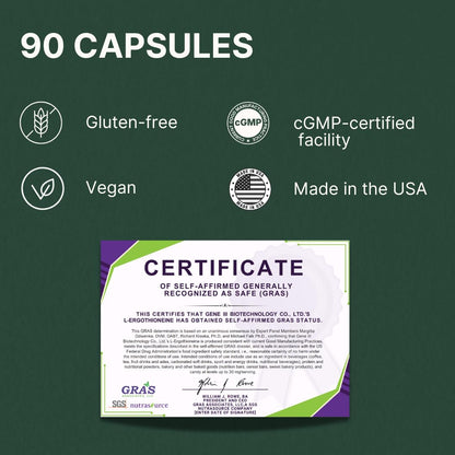 GENEIII L-Ergothioneine Supplement – 30 mg per Serving, 90 Servings | Immune & Brain Support