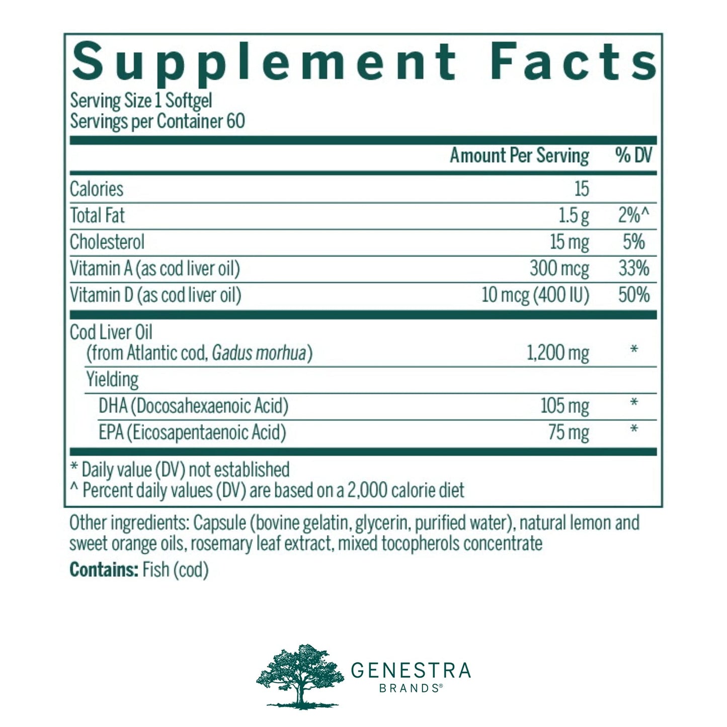 Genestra Brands Cod Liver Oil DHA-EPA Forte Capsules | DHA & EPA + Vitamins A & D | 60 Softgels