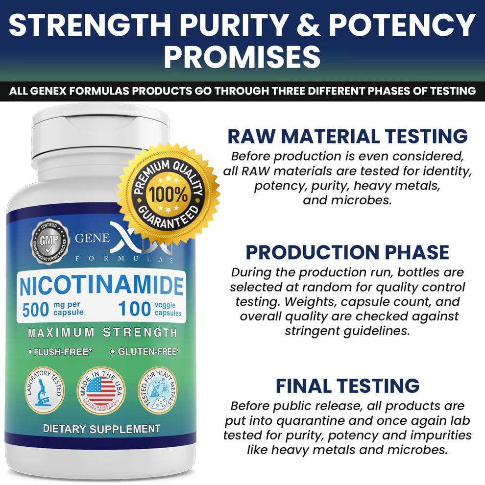 Genex Formulas Nicotinamide 500mg Niacinamide Capsules for Healthy Skin – 100 Count