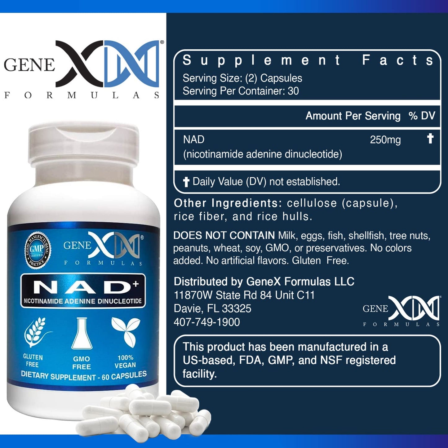 Genex NAD+ 250mg – 60 Capsules | Actual NAD+ (Nicotinamide Adenine Dinucleotide)
