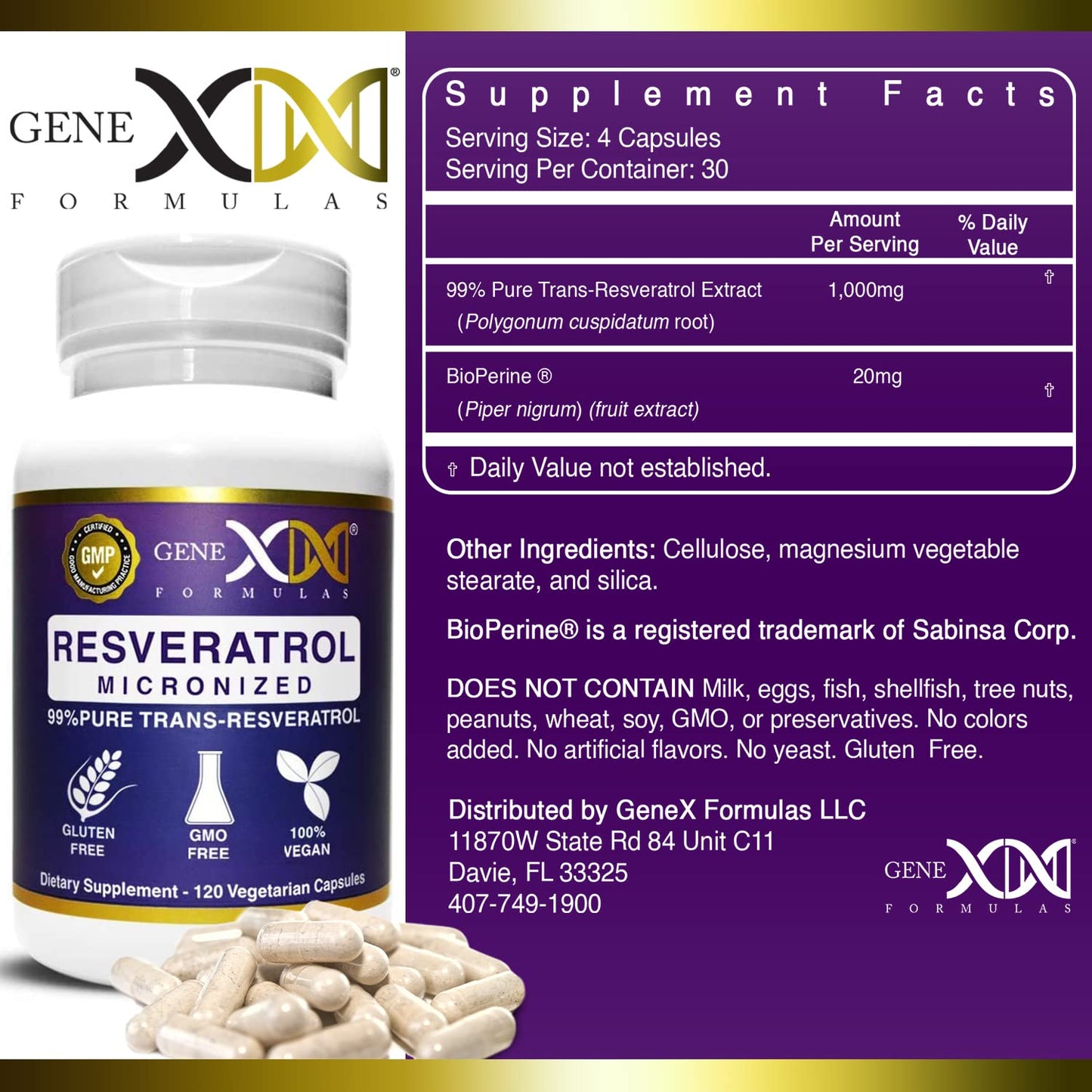 Genex Formulas 99% Micronized Trans-Resveratrol 1000mg + BioPerine, 120 Capsules