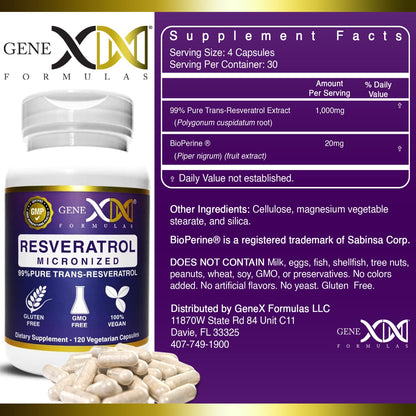 Genex Formulas 99% Micronized Trans-Resveratrol 1000mg + BioPerine, 120 Capsules