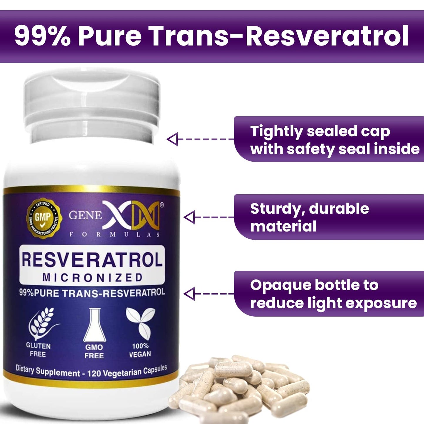 Genex Formulas Trans Resveratrol 1000mg – 120ct (4x250mg) Micronized with Bioperine | GMP & NSF Certified