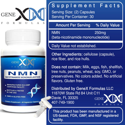 Genex Formulas NMN 250mg - 60 Capsules | 99% Pure NMN for NAD Support, DNA Repair & Healthy Aging | GMP Certified
