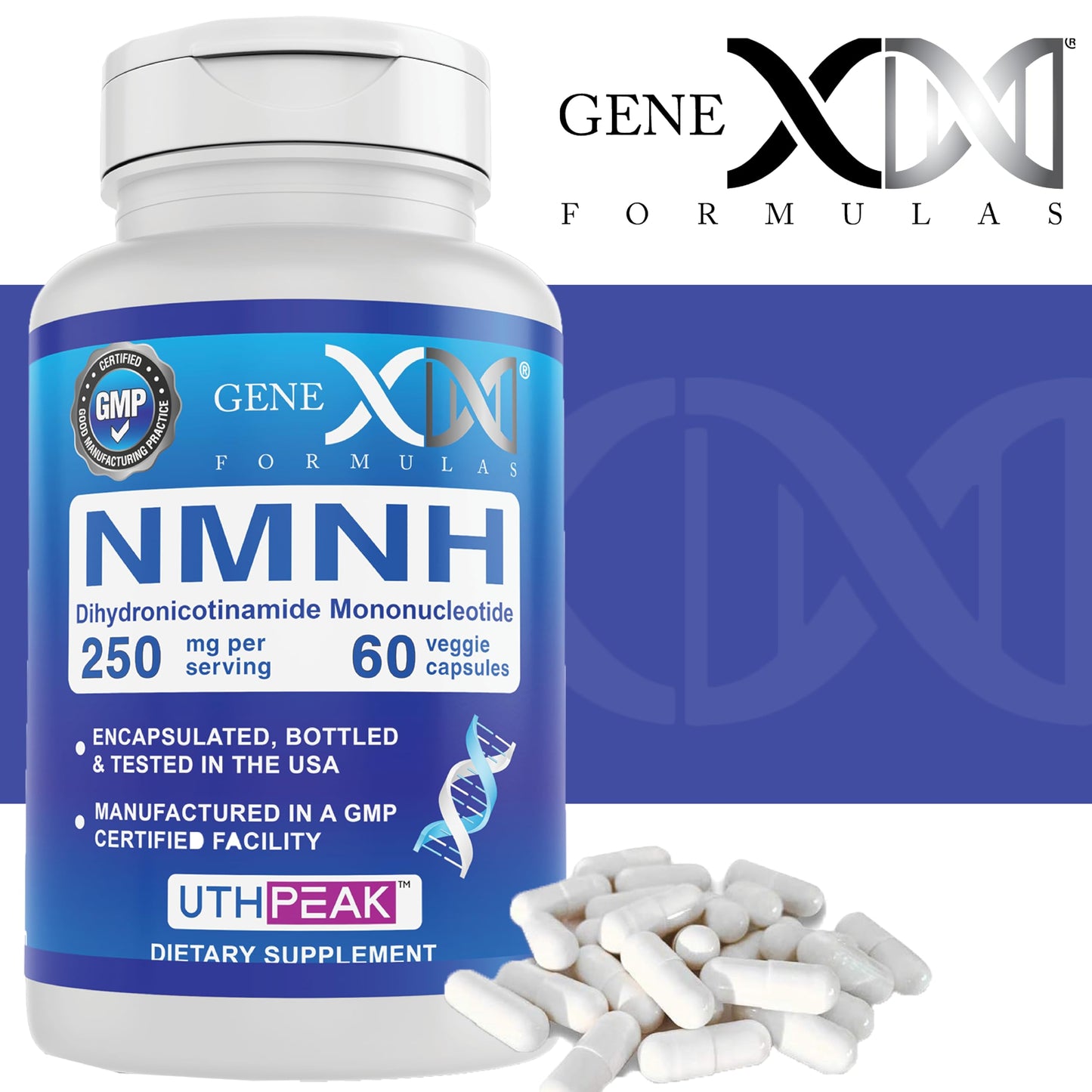 Genex Formulas 250mg NMNH (60 Capsules - 30 Servings) | Uthpeak™ NMNH (Dihydronicotinamide Mononucleotide) NAD+ Precursor for Healthy Aging - Non-GMO, Gluten-Free, Vegetarian
