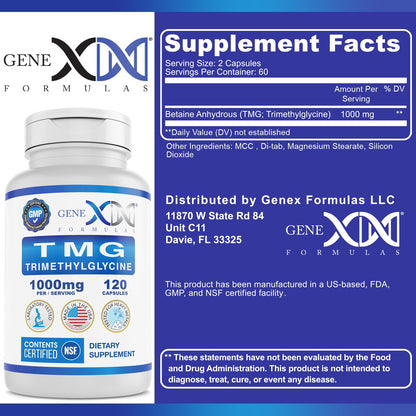 Genex Formulas TMG 1000mg – NSF Certified Liver Support (120 capsules) – Gluten Free & Non-GMO