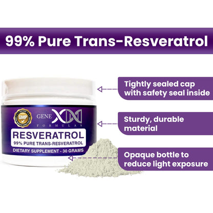 GENEX Trans-Resveratrol 1000mg Powder | 30-Serving Micronized, 99% Pure, GMP & NSF Certified
