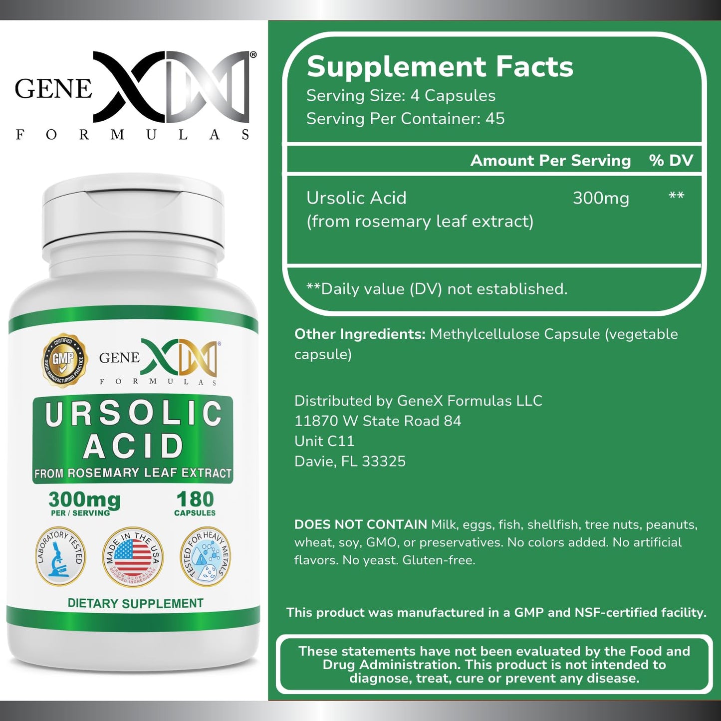 Genex Formulas Ursolic Acid 300mg - 180 Capsules | Rosemary Sourced