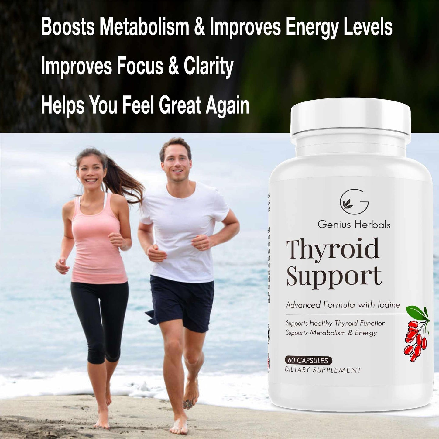 Genius Herbals Thyroid Support – Advanced Formula with Iodine (Non-GMO) – 60 Caps (Pack of 2)