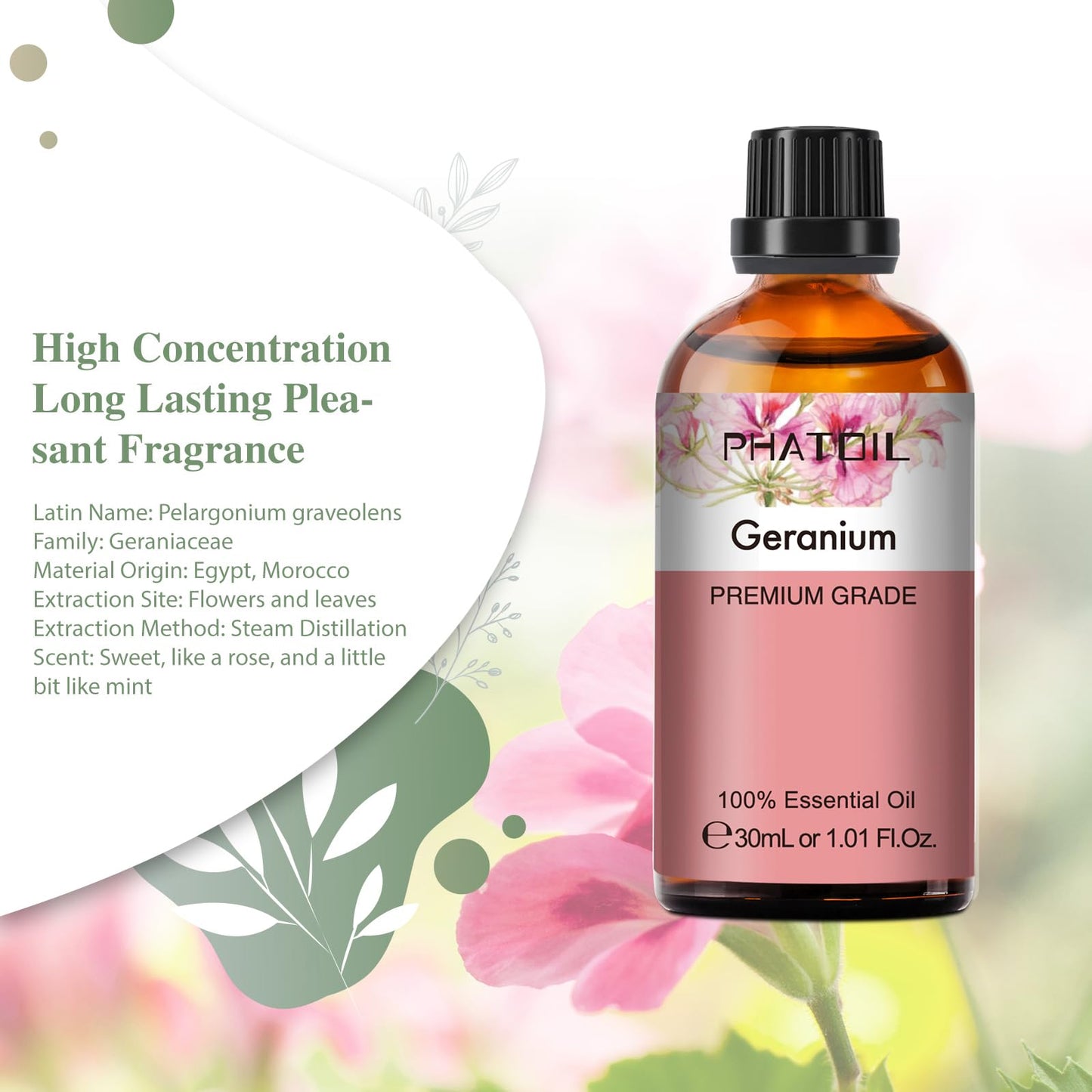 Geranium Essential Oil 1.01fl.oz/30ml – PHATOIL Premium Long Lasting Scent for Aromatherapy, Diffuser, DIY Soap & Candle Making