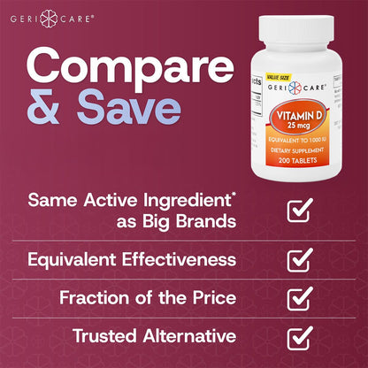 GeriCare Vitamin D-3 25 mcg (1000 IU) – Supports Strong Bones, Immune Health & Mood – 200 Tablets