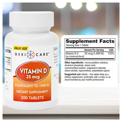 GeriCare Vitamin D-3 25 mcg (1000 IU) – Supports Strong Bones, Immune Health & Mood – 200 Tablets