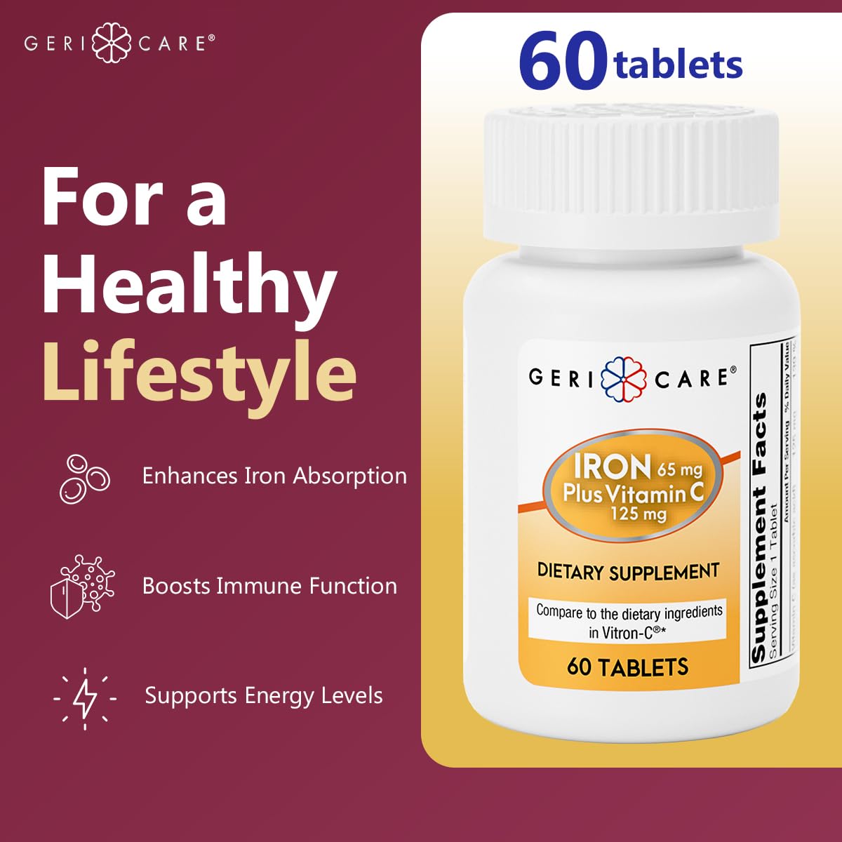 GeriCare Iron 65mg + Vitamin C 125mg Tablets – High-Absorption Iron for Anemia Support (60 Count)