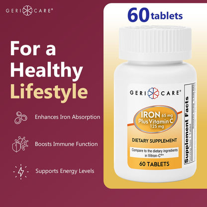 GeriCare Iron 65mg + Vitamin C 125mg Tablets – High-Absorption Iron for Anemia Support (60 Count)