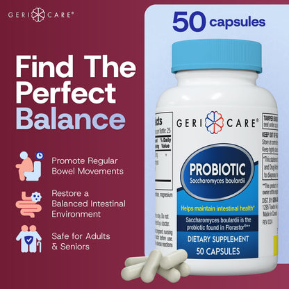 GeriCare Saccharomyces boulardii Probiotic 500 mg – Digestive Health for Women & Men | Compare to Florastor (50 Capsules)