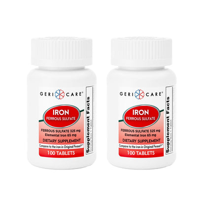 GeriCare Ferrous Sulfate 325mg | High Potency Iron Supplement, 100 Count Pack of 2