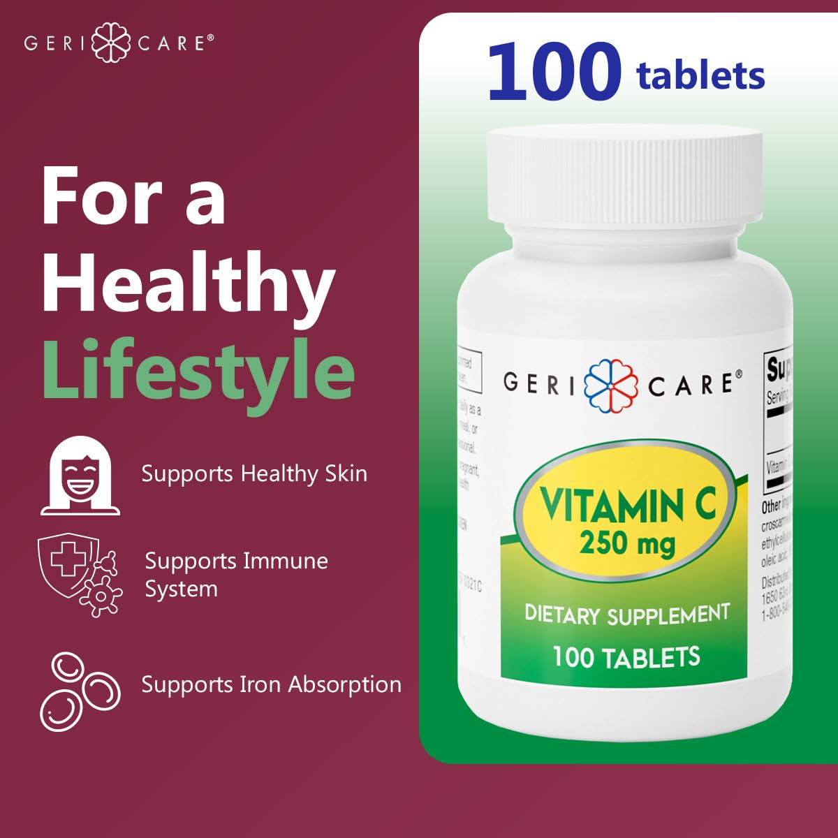 GeriCare Vitamin C 250mg | Immune Support, Antioxidant Protection, Collagen & Iron Absorption | 100 Count