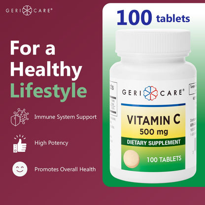 GeriCare Vitamin C 500 mg – Immune Support & Antioxidant Tablets, 100 Count