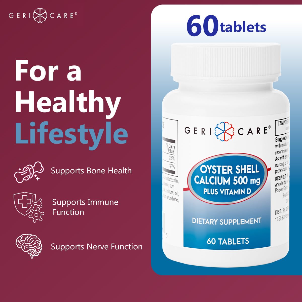 GeriCare Oyster Shell Calcium 500mg + Vitamin D for Bone Health - 60 Count