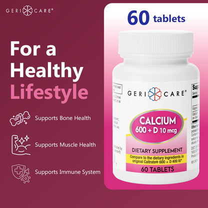 GeriCare Calcium 600mg + Vitamin D3 10mcg | Bone Health Supplement, 60 Count