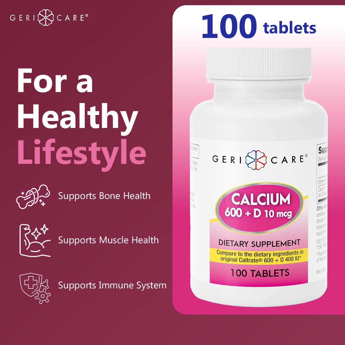 GeriCare Calcium 600mg + Vitamin D 400IU Tablets | Bone Health Support