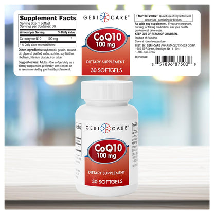 GeriCare CoQ10 100mg Softgels – High Absorption CoQ10, 30-Count, Travel Friendly