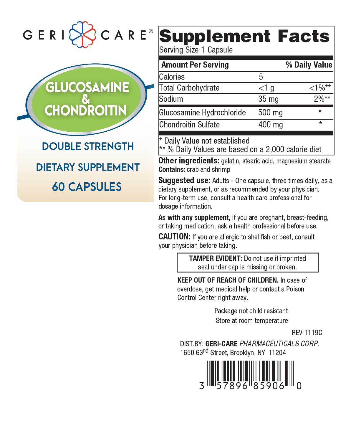 Gericare Glucosamine HCl 500 mg + Chondroitin Sulfate 400 mg with Sodium 35 mg Capsules | Joint Mobility & Cartilage Health | 60 Count