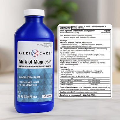 GeriCare Milk of Magnesia 1200mg | Fast Overnight Constipation Relief | Original Flavor | 16 Fl Oz
