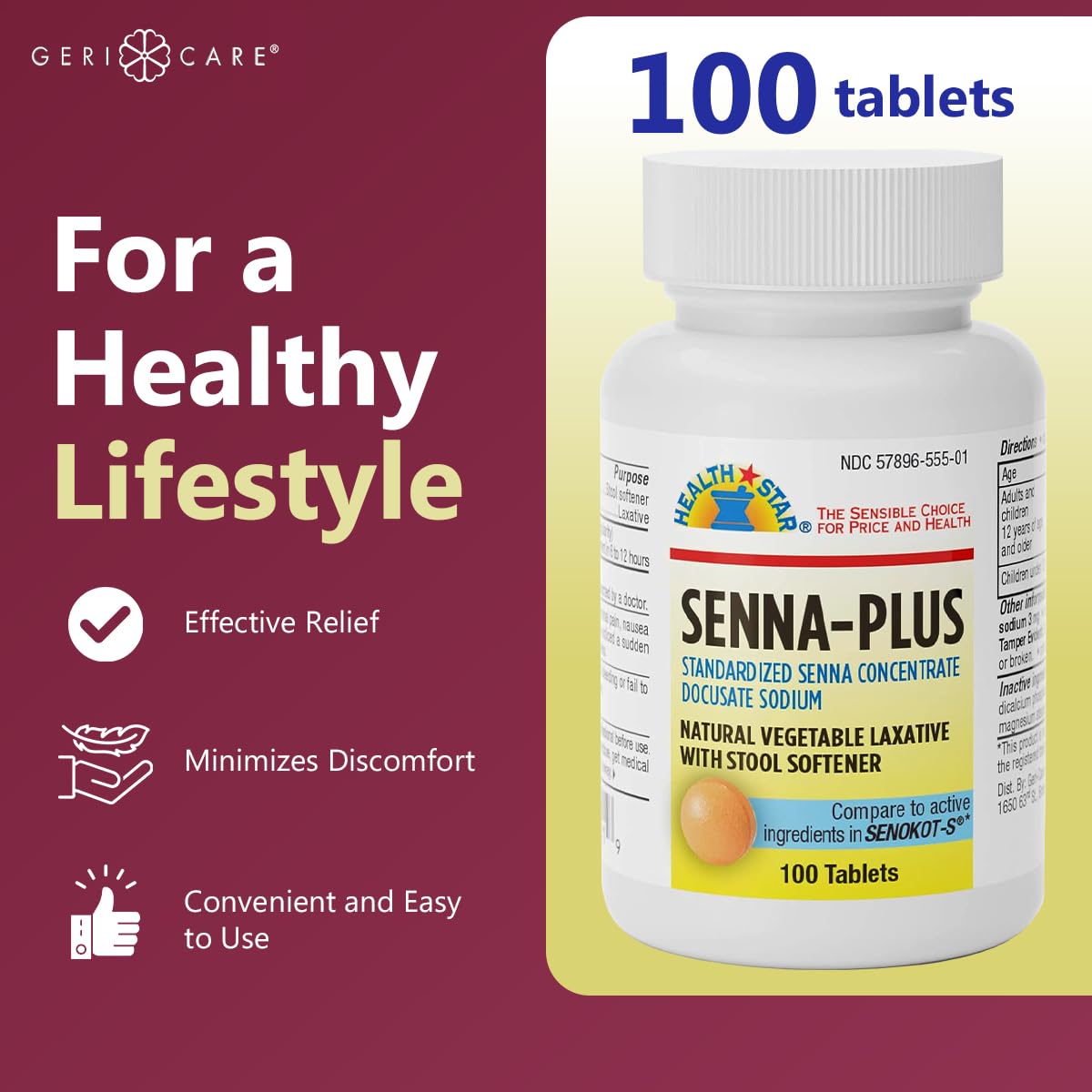 GeriCare Senna Plus Natural Laxative with Stool Softener – 200 Tablets (Pack of 2)