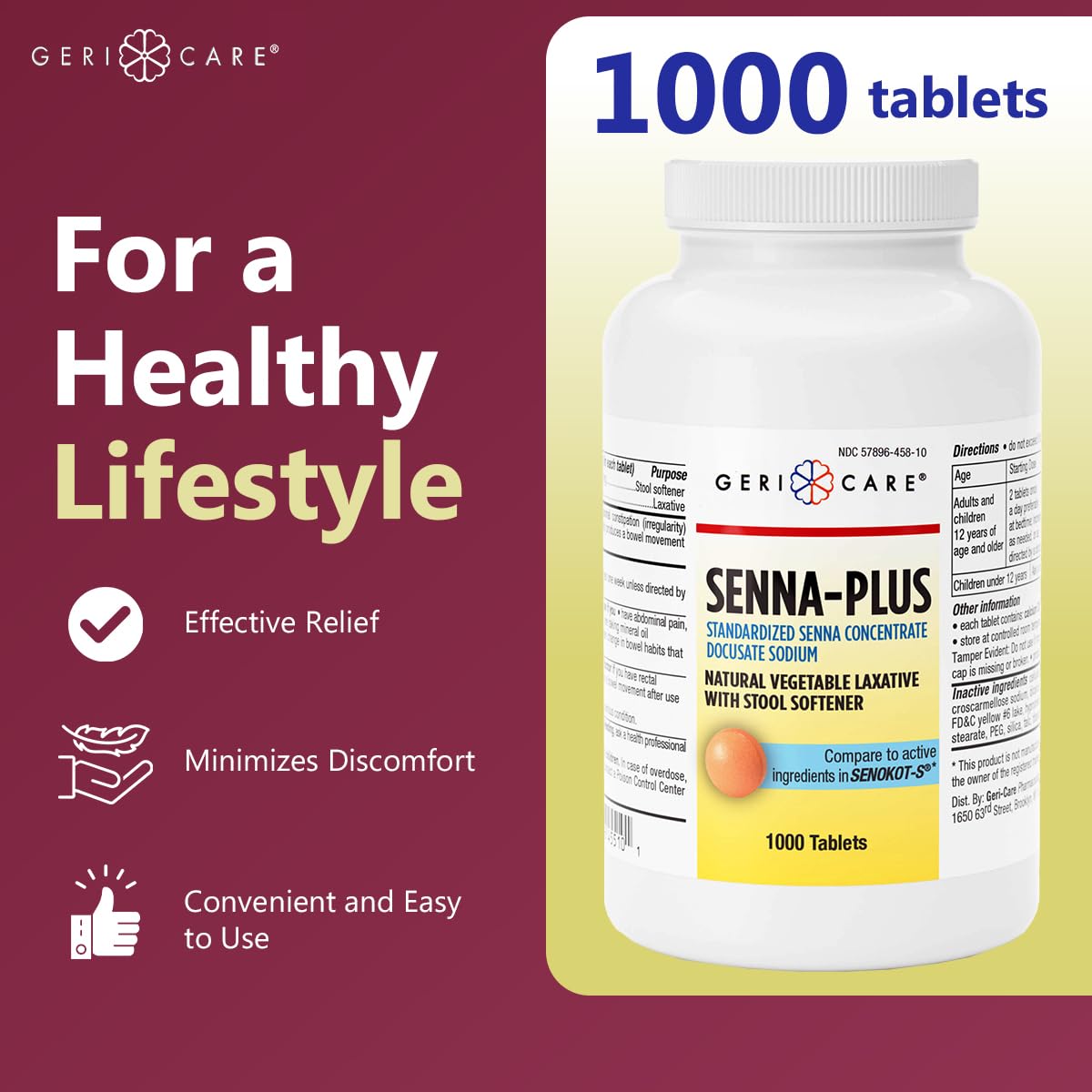 GeriCare Senna Plus Laxative Tablets 50 mg/8.6 mg – 1000 Tablets | Docusate Sodium + Sennosides