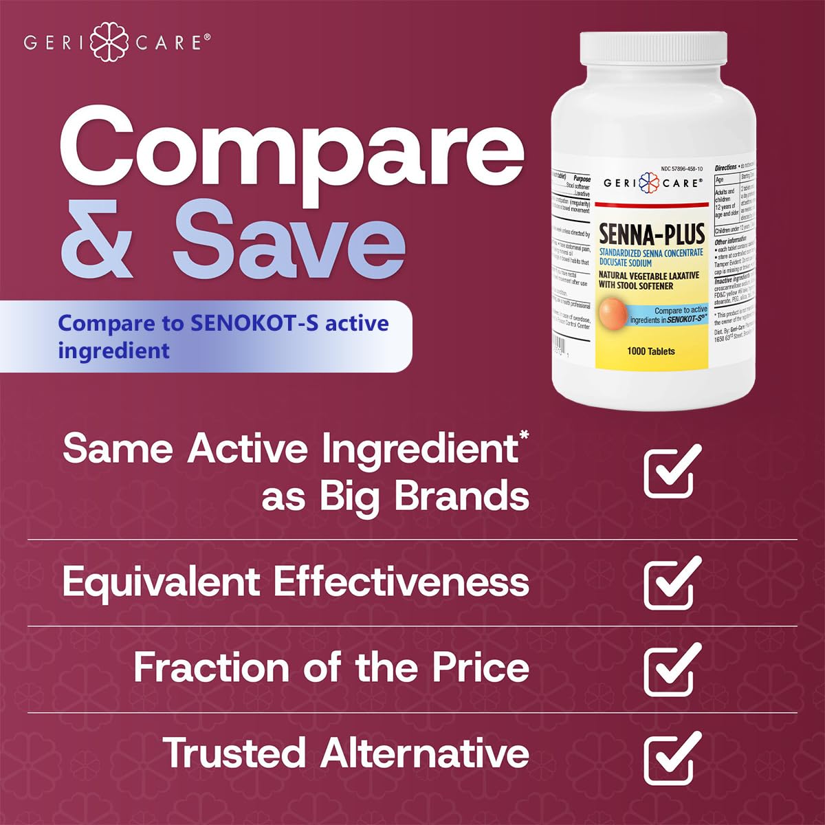 GeriCare Senna Plus Laxative Tablets 50 mg/8.6 mg – 1000 Tablets | Docusate Sodium + Sennosides