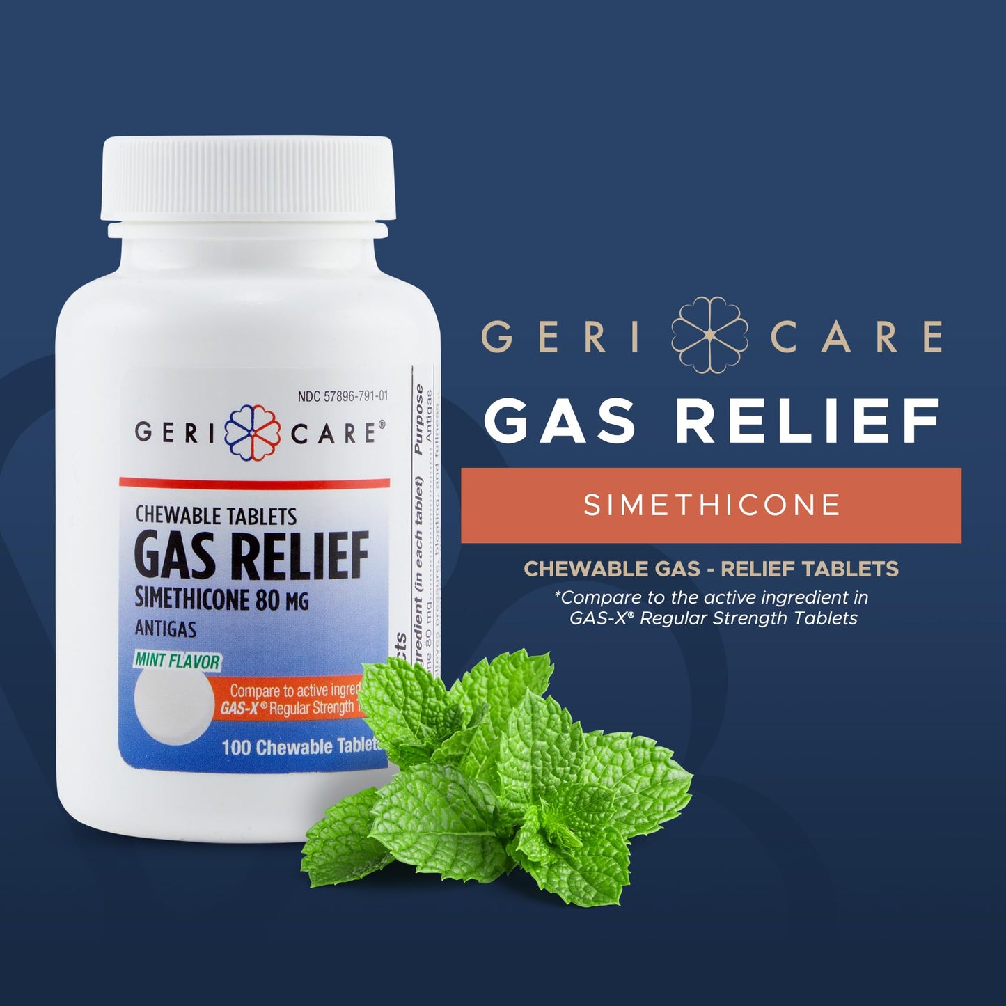 GeriCare Simethicone 80mg Chewable Gas-Relief Tablets | Mint Flavor, 2-Pack (100 Tablets) | Fast Gas Relief