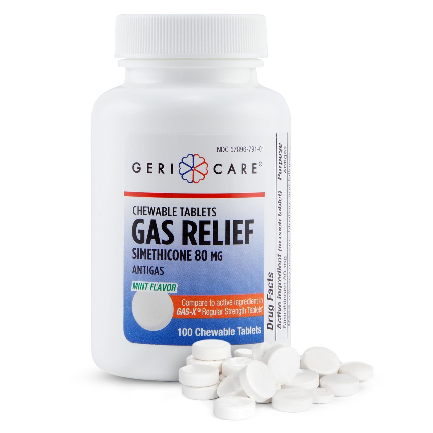 GeriCare Simethicone 80mg Chewable Gas-Relief Tablets | Mint Flavor, 2-Pack (100 Tablets) | Fast Gas Relief