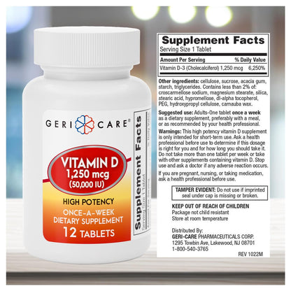 GeriCare Vitamin D 1,250 mcg (50,000 IU) Weekly – Supports Bone Density, Immune Function, and Muscle Health | 12 Count