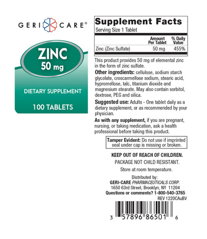 GeriCare Zinc Sulfate 50mg Dietary Supplement – 100 Count