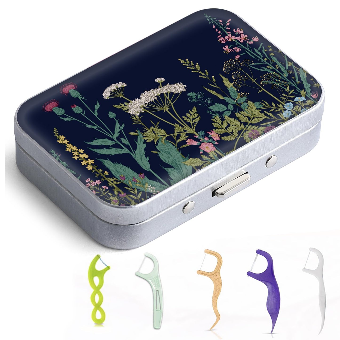 Gerkia Dental Floss Portable Case – Travel Dispenser with Mirror (Black Flower)