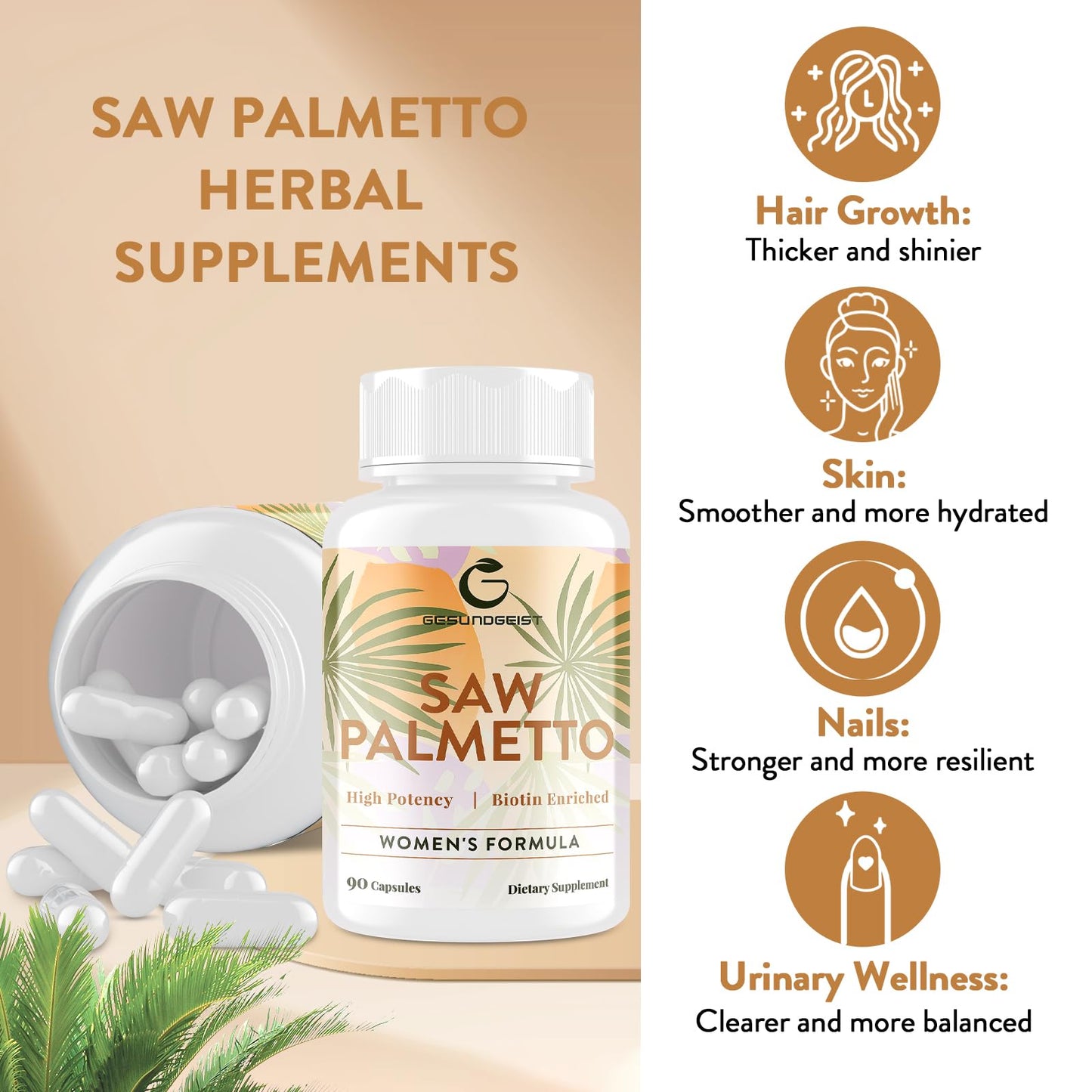 Gesundgeist Saw Palmetto for Women Hair Loss - DHT Blocker with 5-in-1 Blend for Hair Growth, Skin & Nails, Urinary Wellness - Extra Strength Saw Palmetto Supplement - 90 Capsules