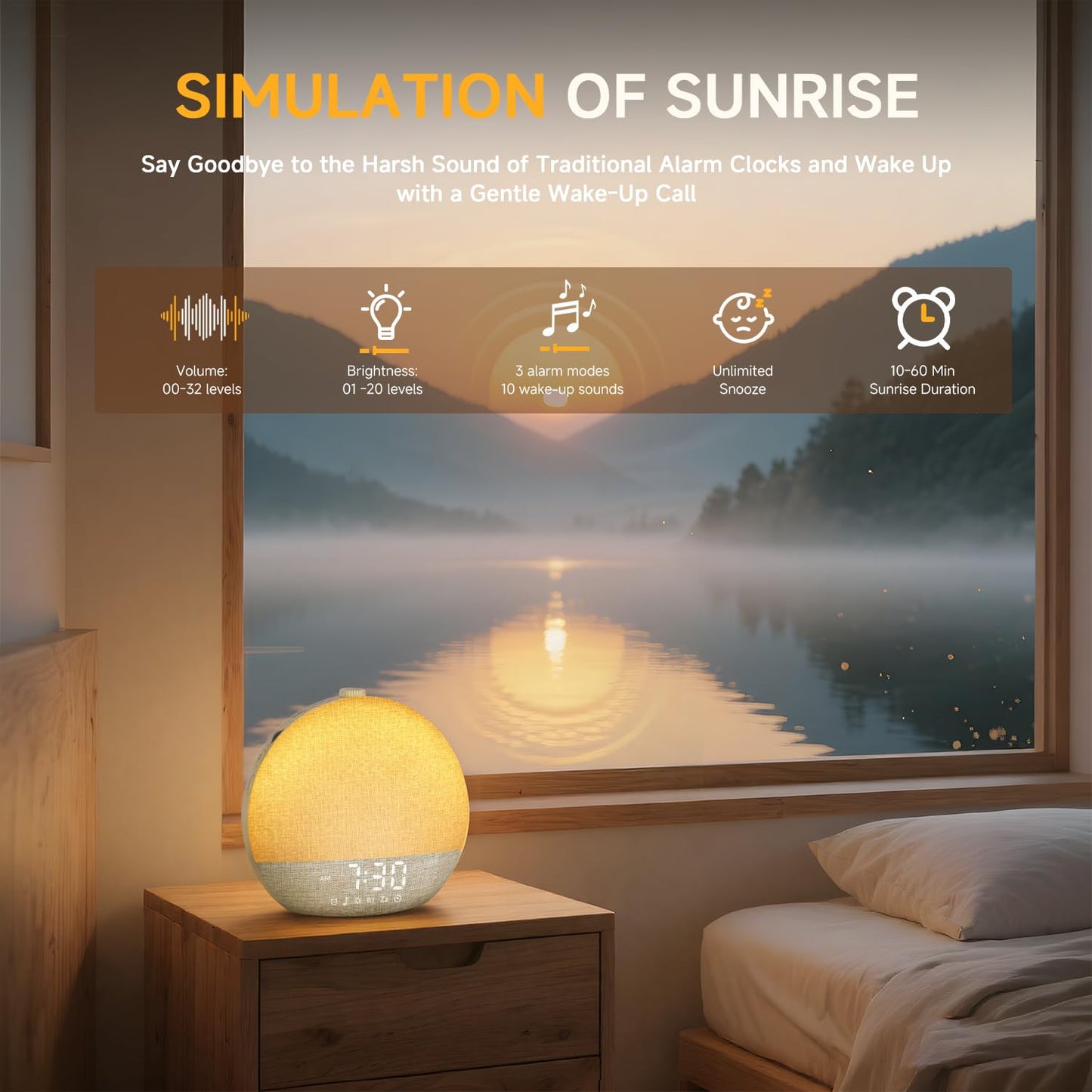 Geuuap Sunrise Alarm Clock – Natural Wake-Up Light, White Noise & Bluetooth Speaker (Khaki)
