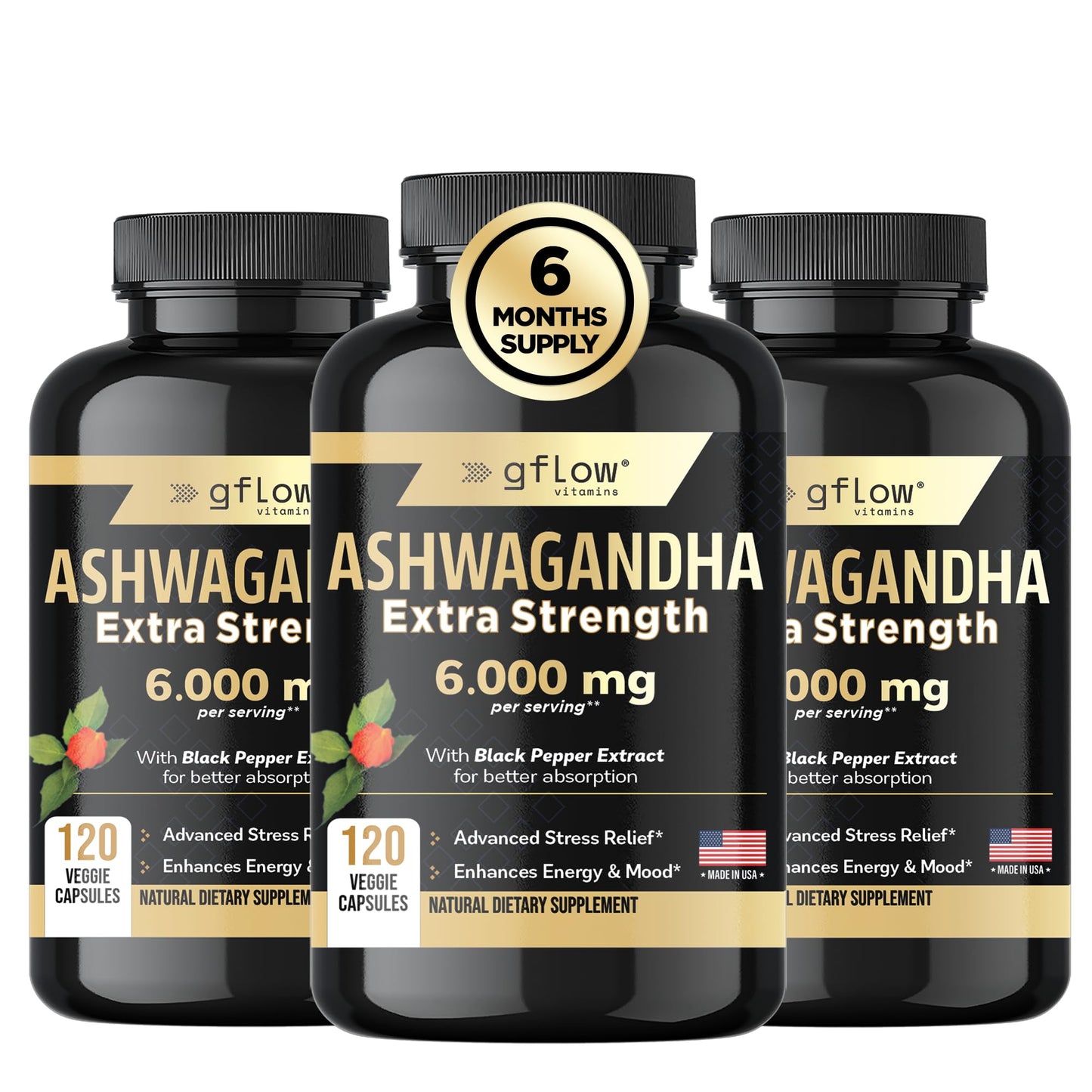 gflow vitamins Ashwagandha 6000mg – Extra Strength, vegan, non-GMO – Made in USA | Sleep, Mood & Energy | Pack of 3
