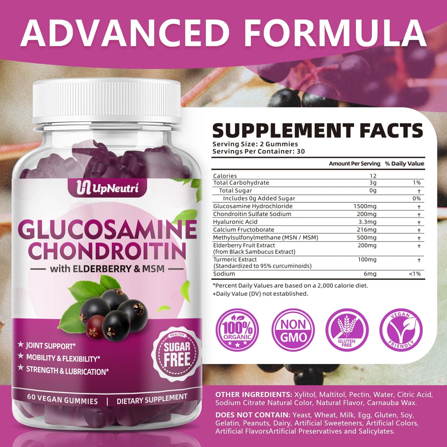 GGlucosamine Chondroitin Gummies Sugar Free – Extra Strength 1500mg + Turmeric, Joint Support (120 Count x2)