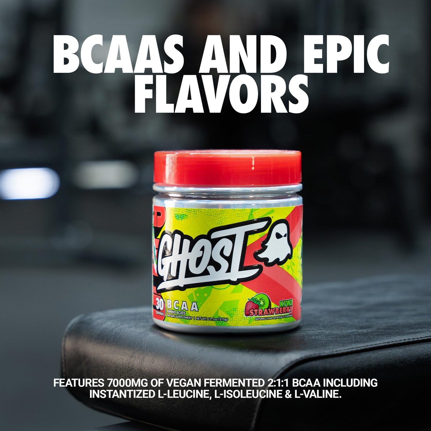 Ghost BCAA Powder Kiwi Strawberry – 7G BCAAs, Sugar-Free, 30 Servings | Pre/Intra/Post Workout