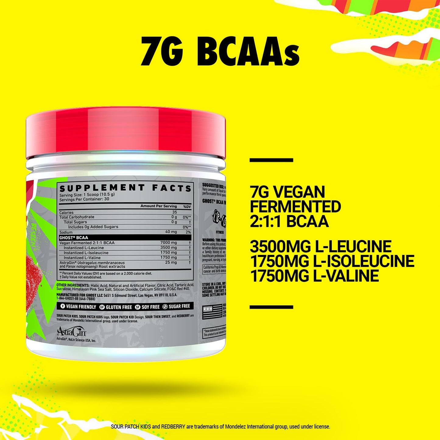GHOST BCAA Powder Sour Patch Kids Redberry – 7G BCAAs, Sugar-Free, 30 Servings | Pre/Intra/Post Workout