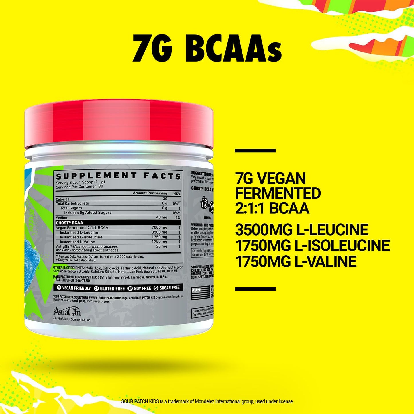 GHOST BCAA Powder – Blue Raspberry Sour Patch Kids, Sugar-Free, 30 Servings