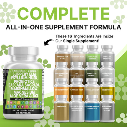 Clean Nutraceuticals GI Defend - All-In-One Digestive Health Supplement with Slippery Elm, Psyllium Husk, Probiotics, Aloe Vera & Herbal Extracts